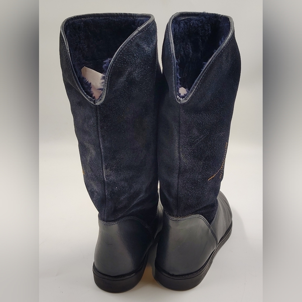 Navy Black Leather Suede Winter Women's Boots Sz 36 w/ Appique - Picture 11 of 15